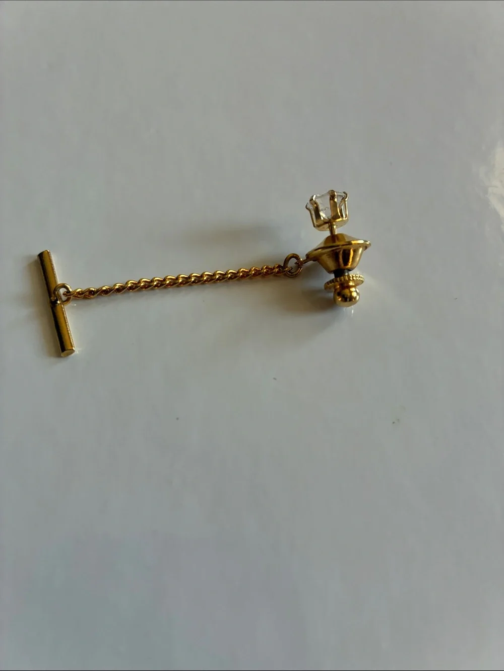 Gold Chain Tie Pin with Clear Stone Accent